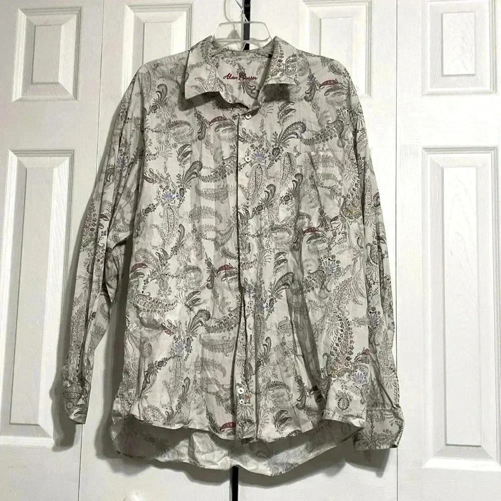Alan Flusser mens cotton gray & green & blue & red paisley button down shirt XXL